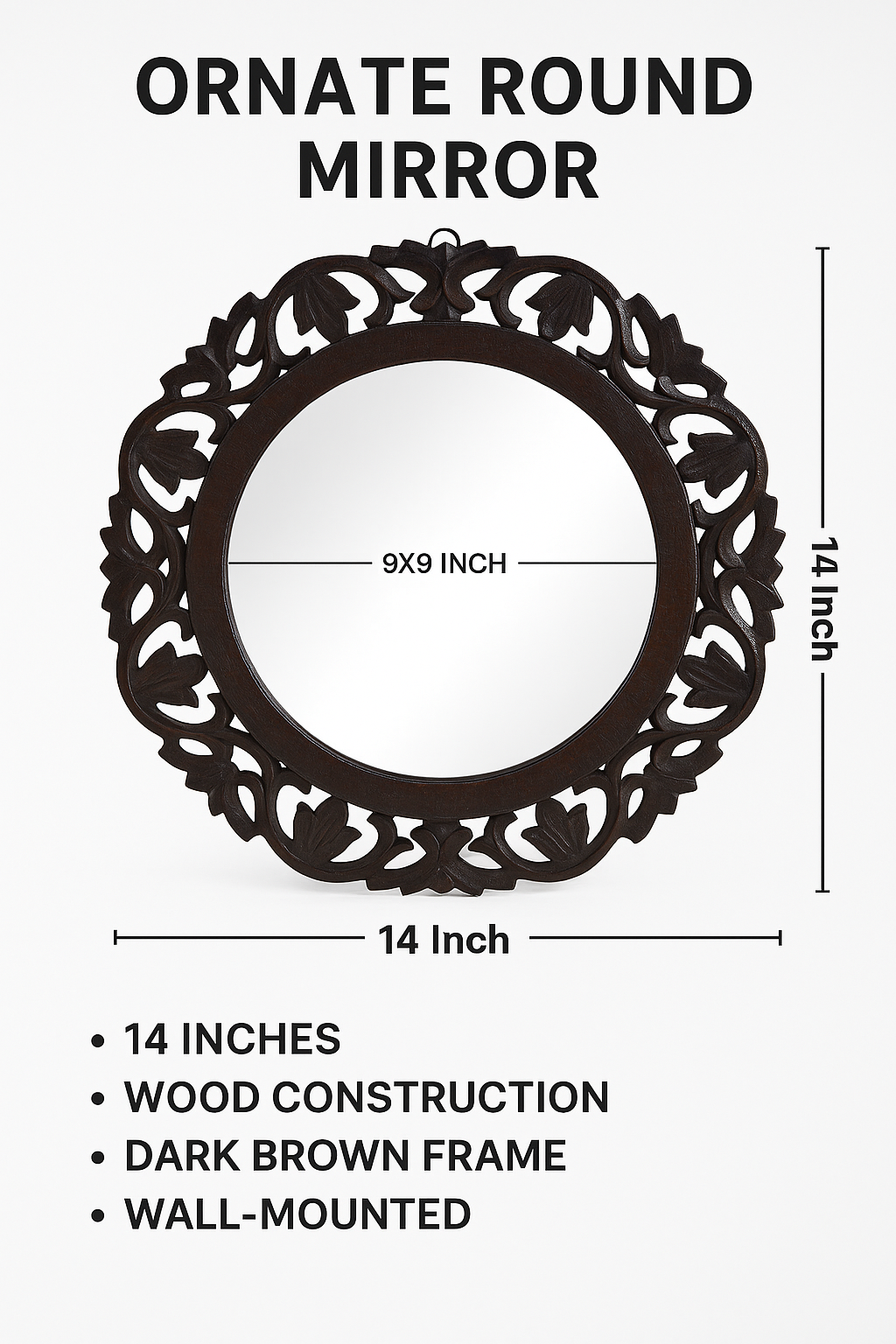 WOODEN CARVE Decor Hand Crafted Wooden Round Shape Vanity Wall Mirror for Living Room, Bathroom, Bedroom (14" x 14” Inches)