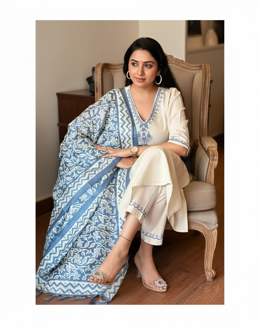 Womens Ethnic Embroidery Top Pant And Dupatta Set