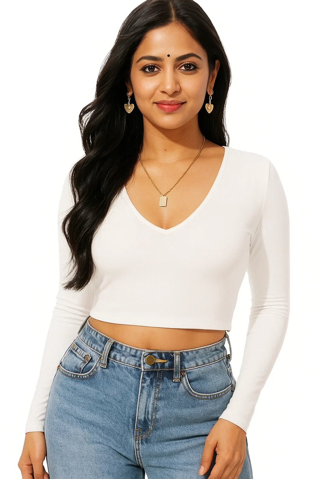 Elegant Women’s V-Neck Full Sleeve Top | Soft Stretchable Cotton Blend Ribbed Fabric