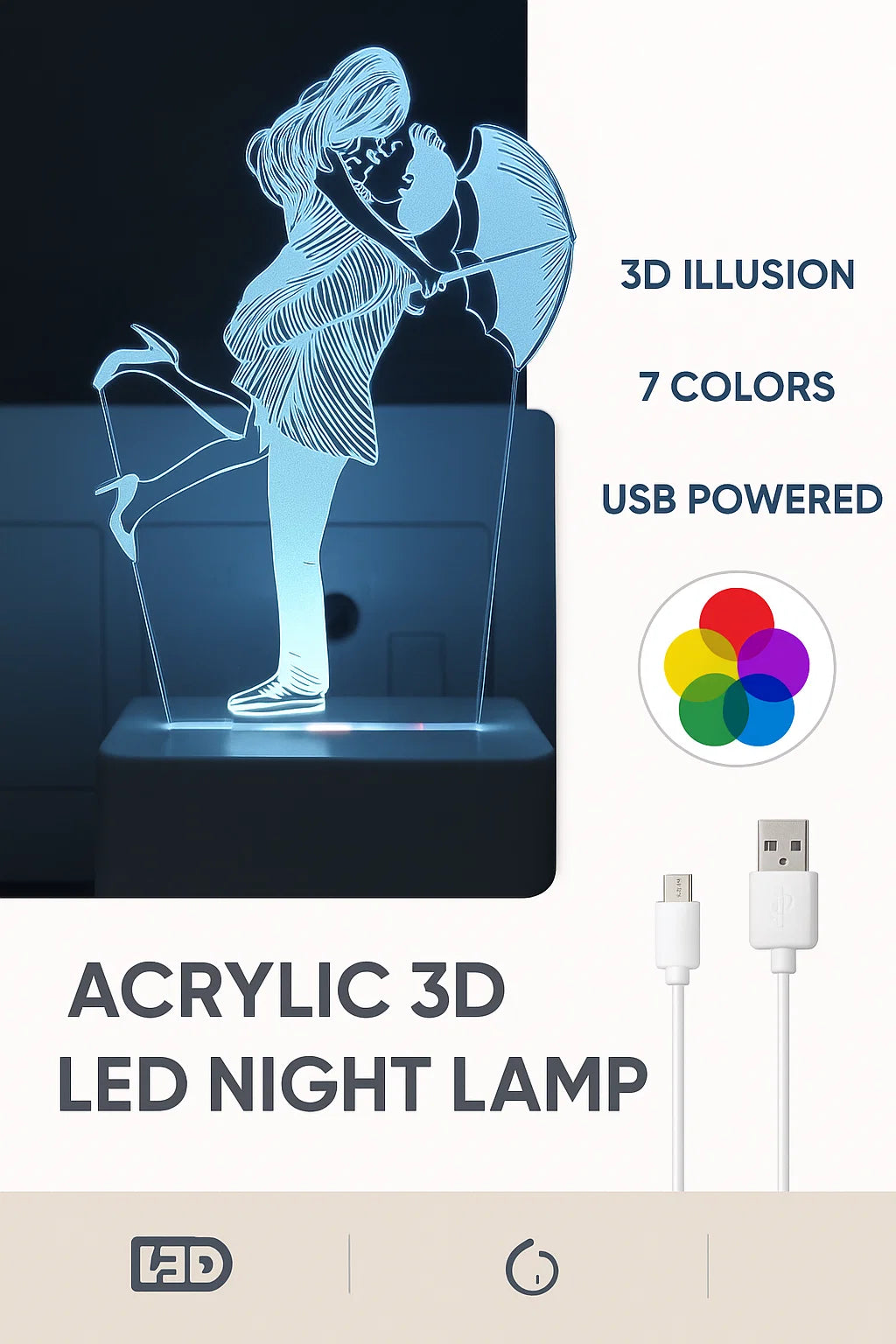 Love Couple with Umbrella Acrylic Colour Changing 3D Illusion LED Night Lamp (Multicolour)