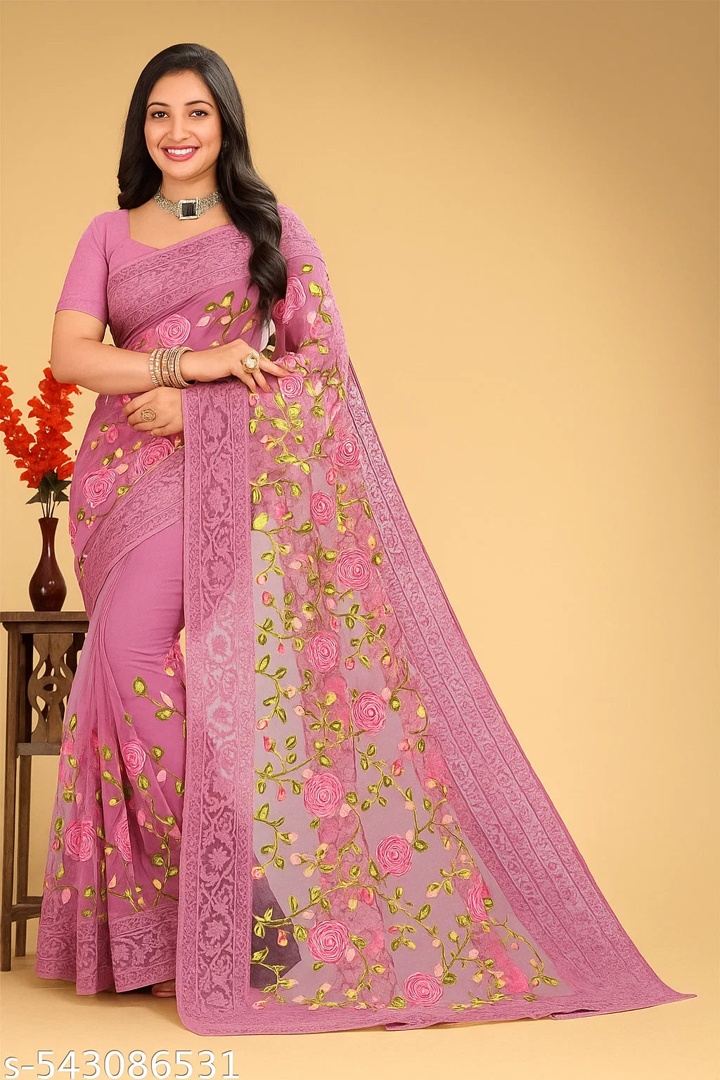 Net Saree With Border work
