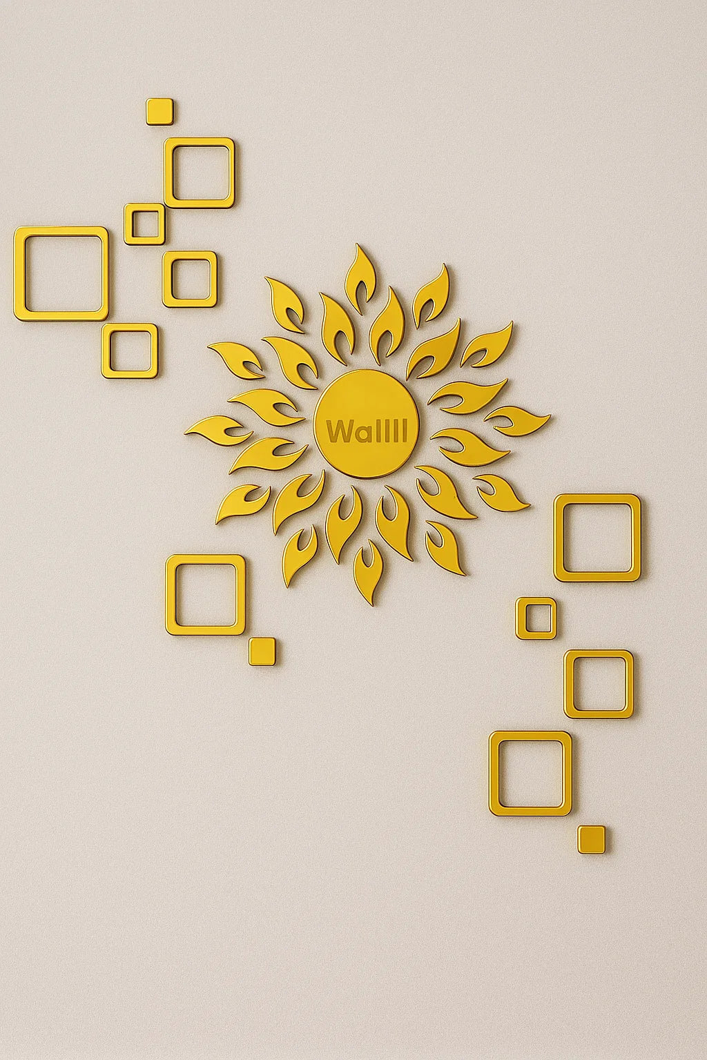 Sun With 12 Square Golden (Sun Size 45 cms x 45 cm) mirror stickers for wall