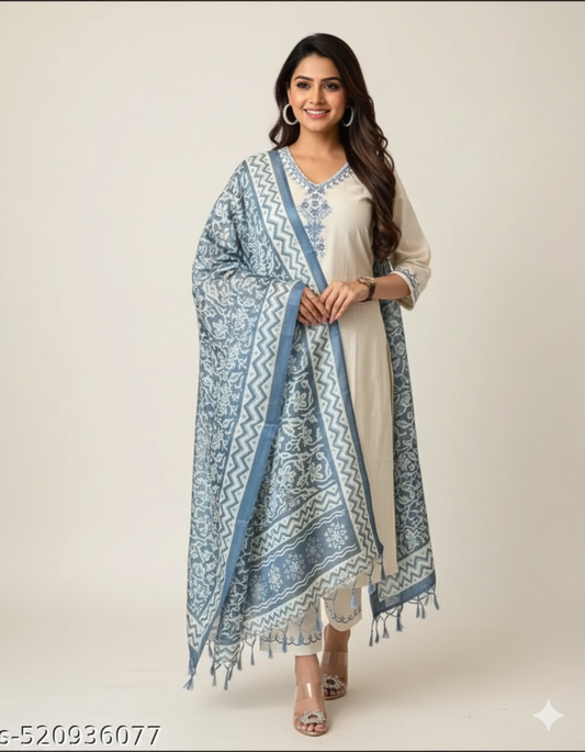 Womens Ethnic Embroidery Top Pant And Dupatta Set