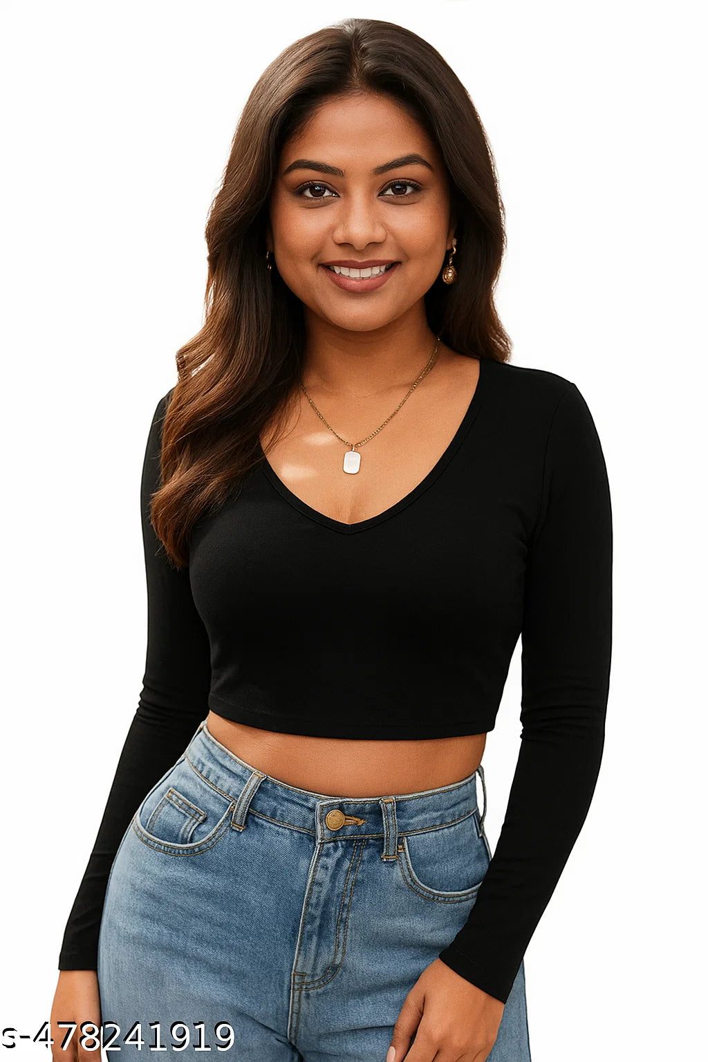 Elegant Women’s V-Neck Full Sleeve Top | Soft Stretchable Cotton Blend Ribbed Fabric