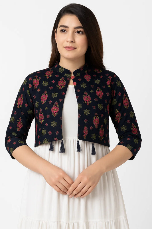 RAYON NEVI BLUE FLORAL PRINTED CROP JACKET WITH TASSEL FOR WOMEN