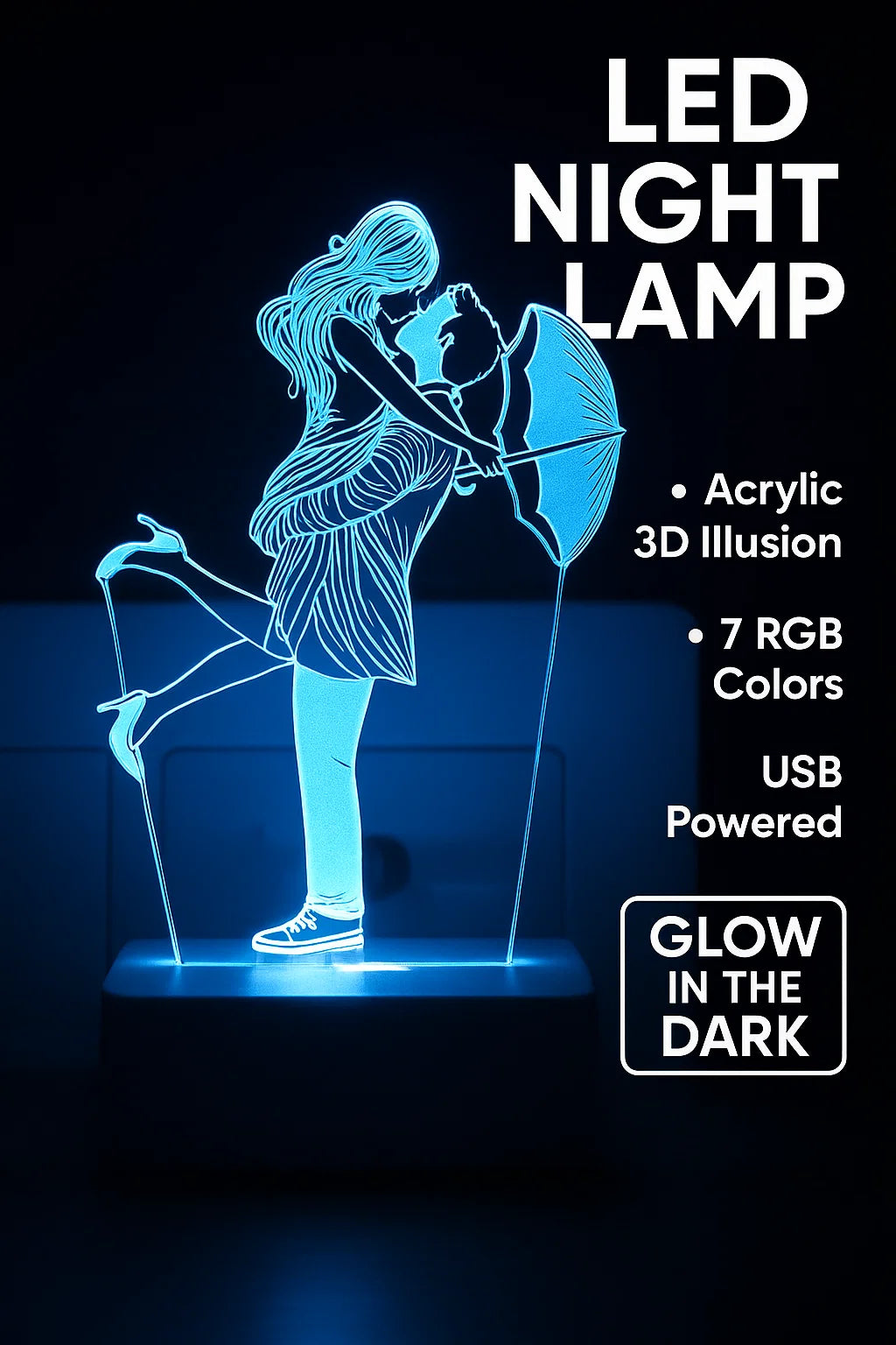Love Couple with Umbrella Acrylic Colour Changing 3D Illusion LED Night Lamp (Multicolour)