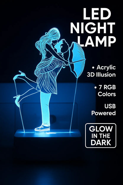 Love Couple with Umbrella Acrylic Colour Changing 3D Illusion LED Night Lamp (Multicolour)