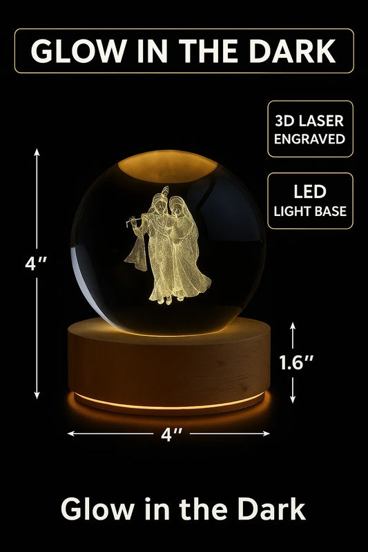 Radhakrishna - USB Table LED Wooden Crystal Ball, Themed Engraved Decorative Night Lamp