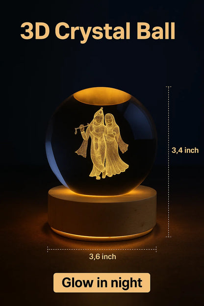 Radhakrishna - USB Table LED Wooden Crystal Ball, Themed Engraved Decorative Night Lamp