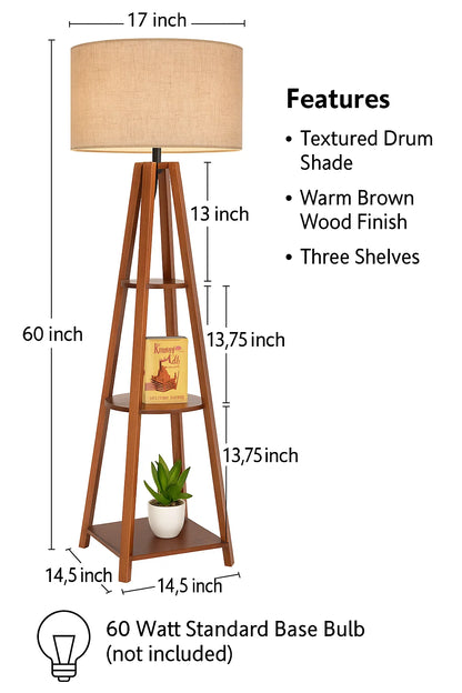 Floor Lamp with Storage Shelves & Fabric Shade Standing Lamp for Living Room, Bedroom & Office Home Décor Lighting
