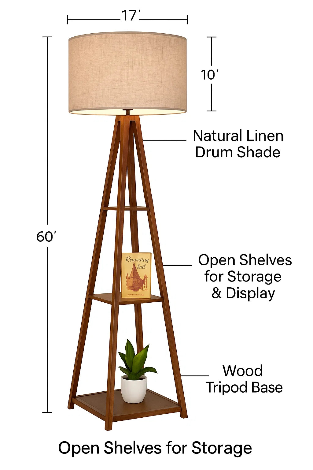 Floor Lamp with Storage Shelves & Fabric Shade Standing Lamp for Living Room, Bedroom & Office Home Décor Lighting