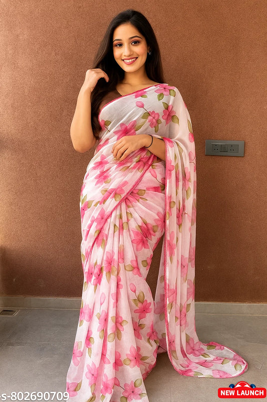 Beautiful Red Kalamkari Floral Printed Georgette Saree For Women