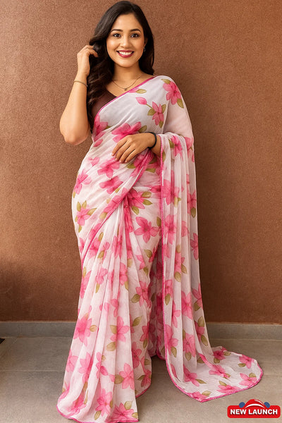 Beautiful Red Kalamkari Floral Printed Georgette Saree For Women