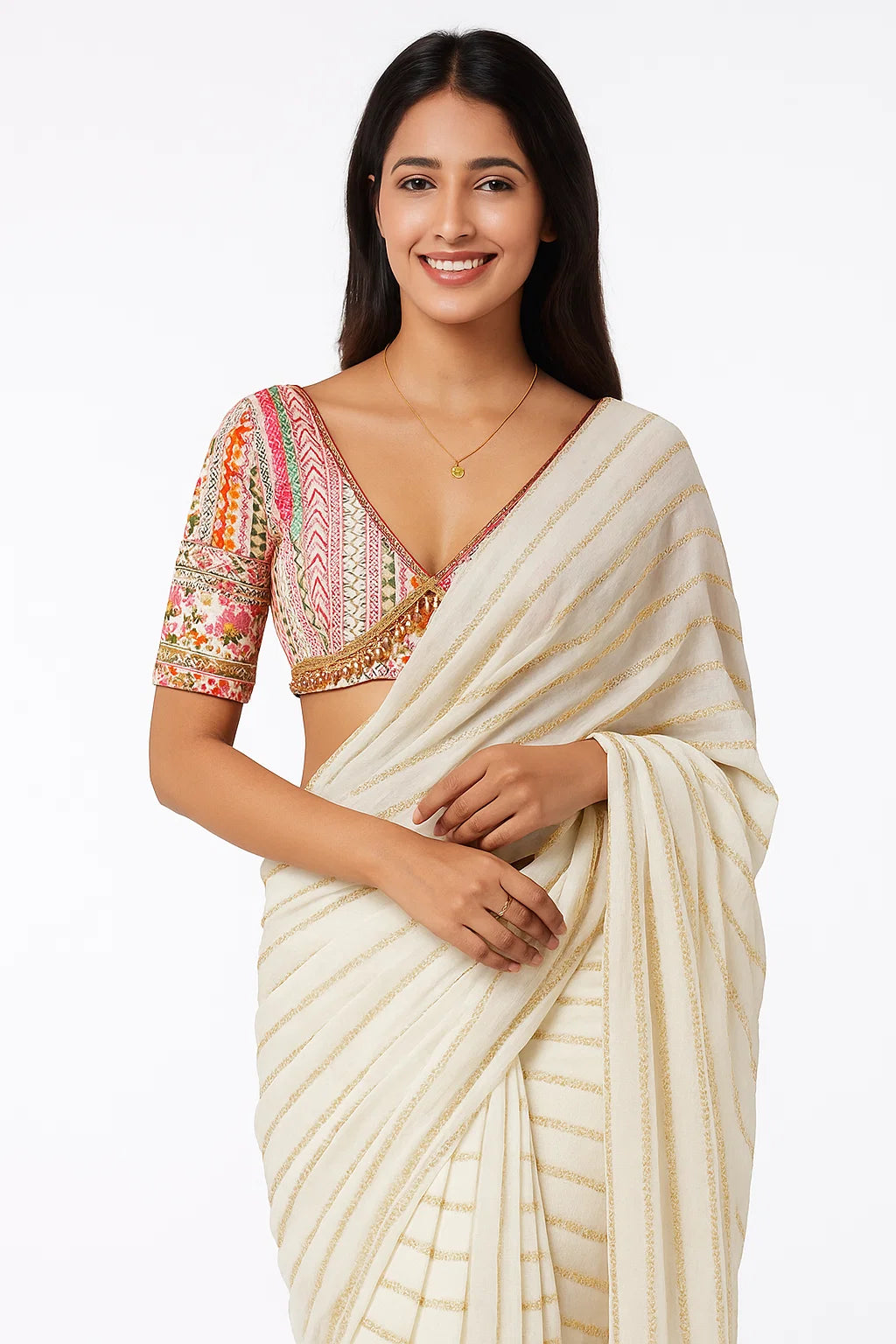 Georgette Embroidered Elegant White Color Sreee With Blouse