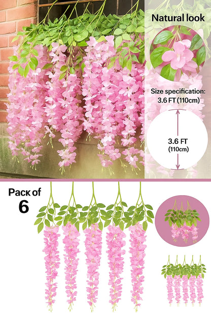 Well Art Gallery Pack 3.6 Feet Artificial Wisteria Vine Ratta Hanging Garland Silk Flowers String Home Party Wedding Decor ( Pink, Set of 6)
