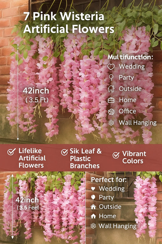 Well Art Gallery Pack 3.6 Feet Artificial Wisteria Vine Ratta Hanging Garland Silk Flowers String Home Party Wedding Decor ( Pink, Set of 6)