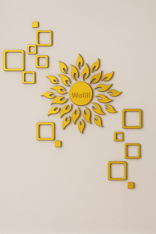 Sun With 12 Square Golden (Sun Size 45 cms x 45 cm) mirror stickers for wall