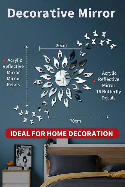 Inspire Walls (Set of 3d Silver Sun + 10 Butterflies Silver) Acrylic Mirror Sticker