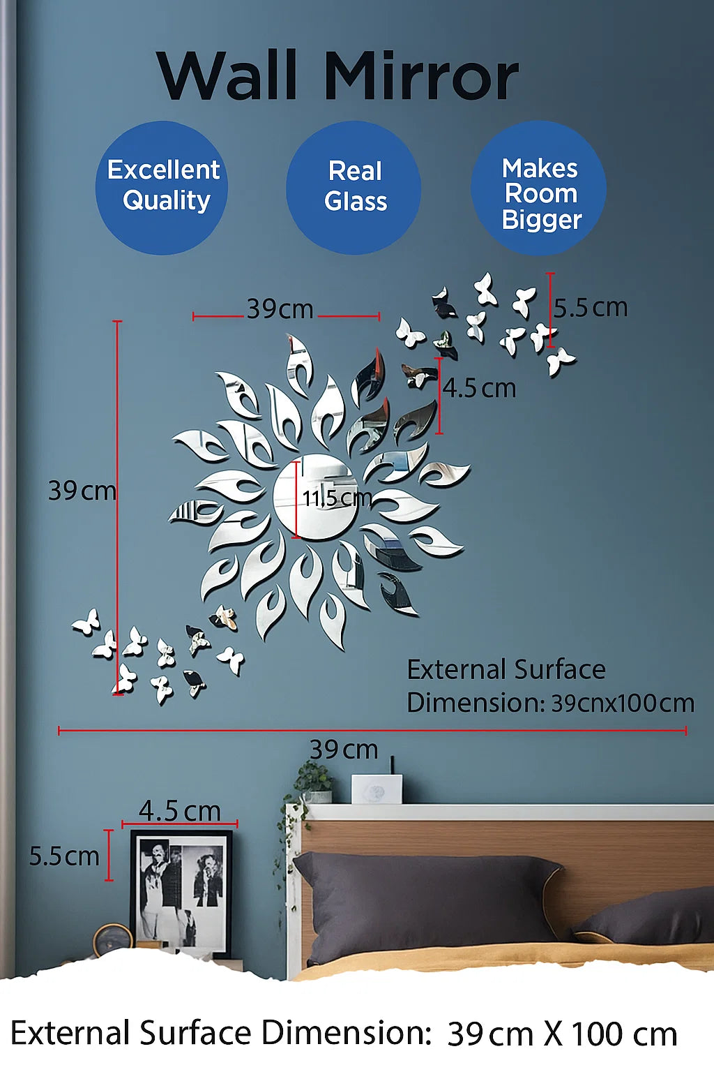 Inspire Walls (Set of 3d Silver Sun + 10 Butterflies Silver) Acrylic Mirror Sticker